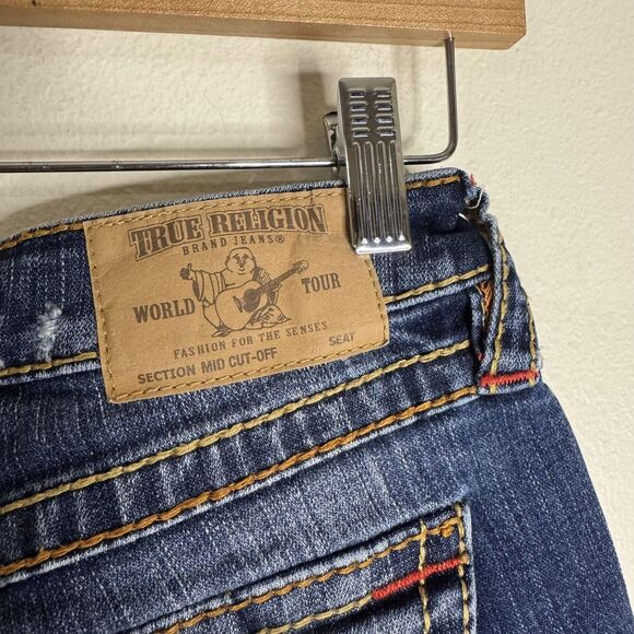 True Religion Shorts Womens 24 Blue Denim Raw Hem Distressed Cutoff Mid Rise y2k - Picture 8 of 10